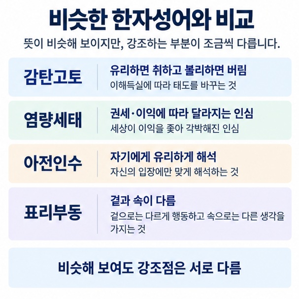 감탄고토, 염량세태, 아전인수, 표리부동의 의미 차이를 비교한 이미지