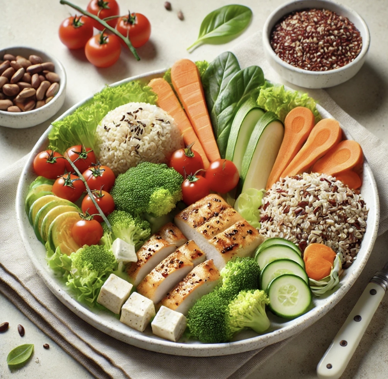 야채, 닭가슴살, 견과류 등이 포함된 다이어트 식단 사진