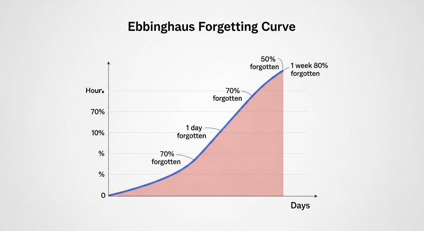 에빙하우스 망각 곡선 그래프. 시간이 지남에 따라 기억력이 급격히 감소하는 것을 보여주며, 복습의 필요성을 강조합니다.