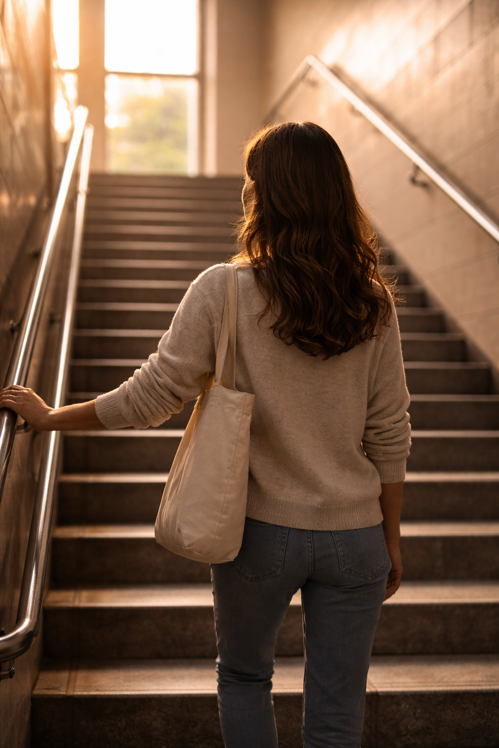 일상 속 계단을 오르며 잠시 숨을 고르는 모습