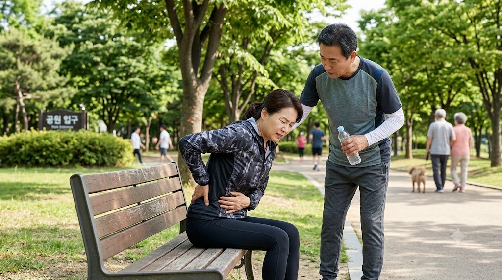 허리협착증 증상 통증 으로 공원 벤취에 앉아있는 장면입니다.