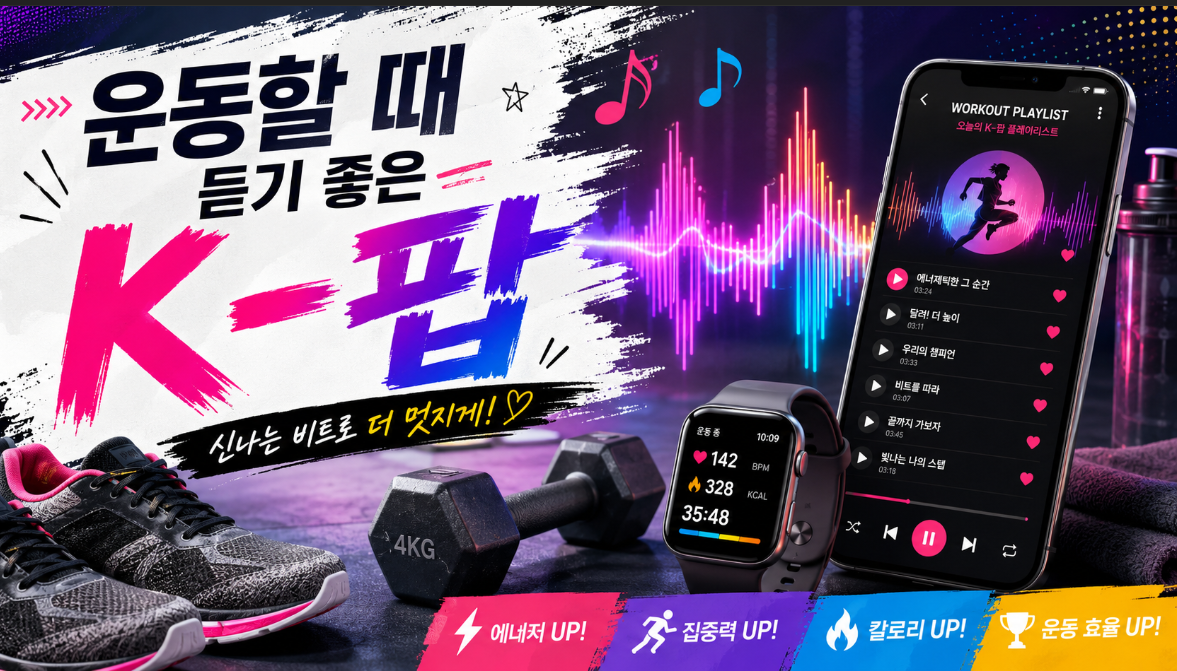 산책과 기분 전환에 어울리는 K-팝 추천곡을 듣는 모습을 표현한 이미지