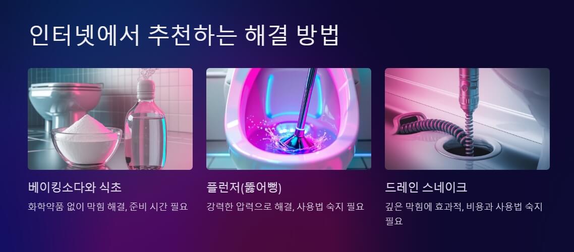 베이킹소다와 식초, 플런저, 드레인 스네이크 등 변기 막힘을 해결하는 다양한 방법을 이미지와 함께 소개