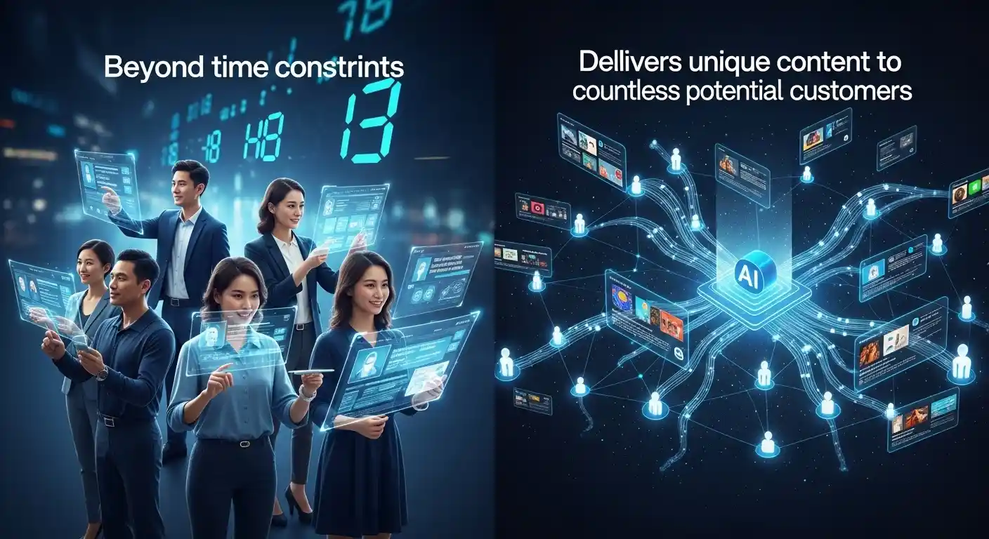 <img src="ai_coaching_distribution.webp" alt="AI가 시간적 제약을 넘어서 개인화된 코칭을 자동화하고, 고유한 콘텐츠를 수많은 잠재 고객에게 전달하는 과정을 시각화한 이미지입니다">