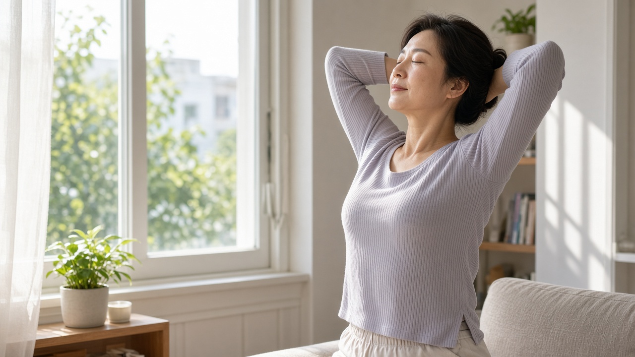 창가에서 햇빛을 받으며 스트레칭하는 40대 한국인 여성