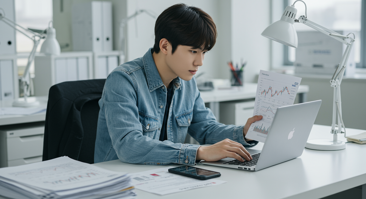 현대적인 사무실에서 주식 시장 차트를 보는 직장인의 모습
