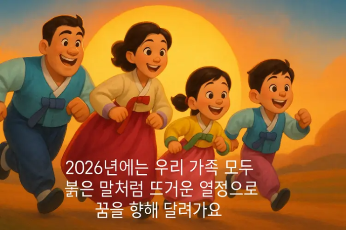 달려가는 한복입은 4명 가족
