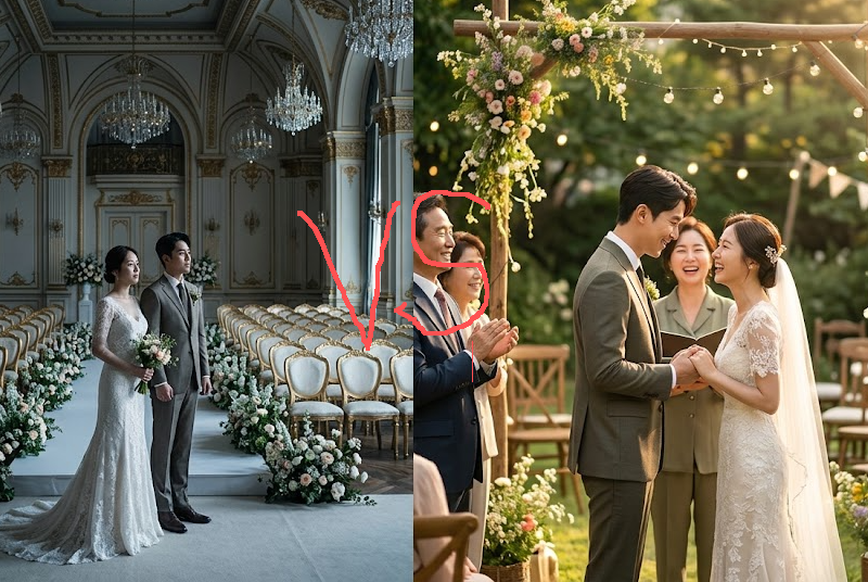 화려하지만 텅 빈 예식장과 작지만 온기 넘치는 야외 결혼식의 대비 사진