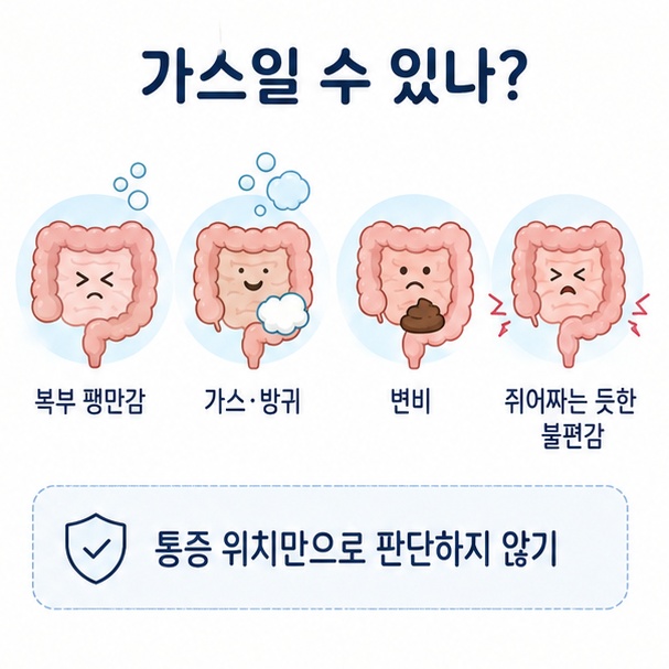 복부 팽만, 방귀, 변비와 함께 나타나는 가스성 복통의 특징과 통증 위치만으로 가스라고 판단하기 어렵다는 점을 설명한 그림