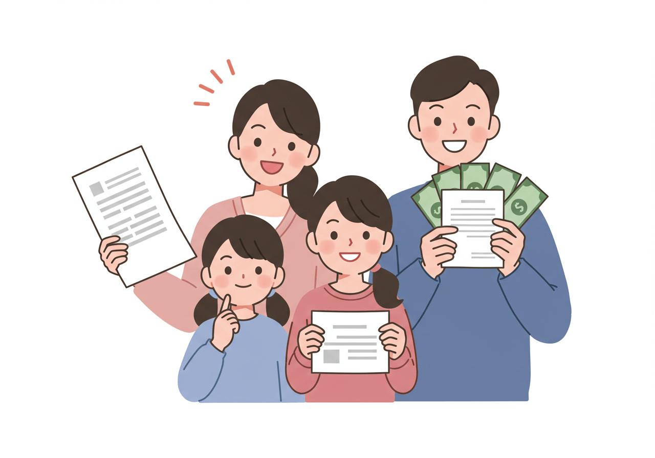 자녀장려금 지급 금액을 나타내는 서류와 현금을 들고 웃는 엄마와 아빠 그리고 여자아이와 남자아이도 같이 즐거워하고 있다