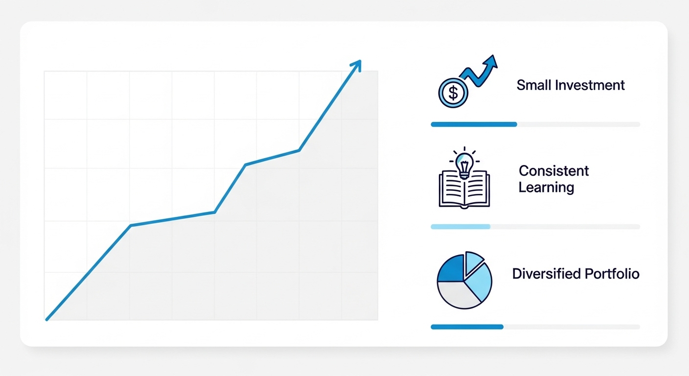 소액 투자, 꾸준한 학습, 분산 투자를 상징하는 아이콘과 장기적인 우상향 투자 그래프가 있는 인포그래픽.