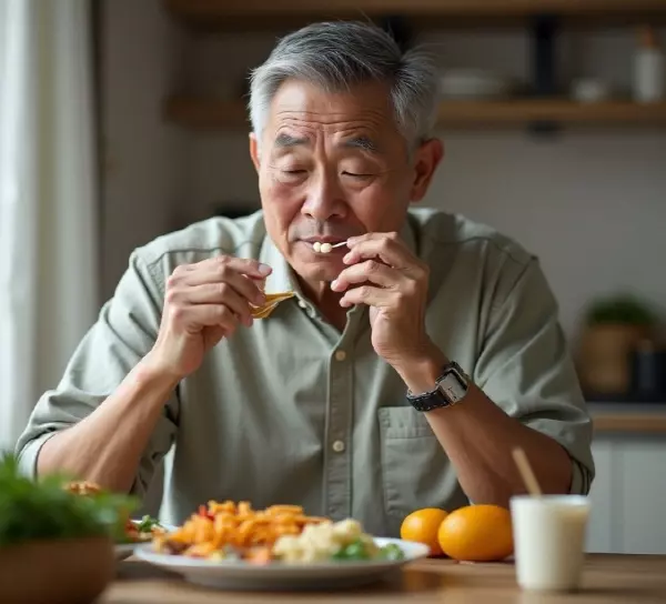 식사 후 영양제를 먹고 있는 50대 남성