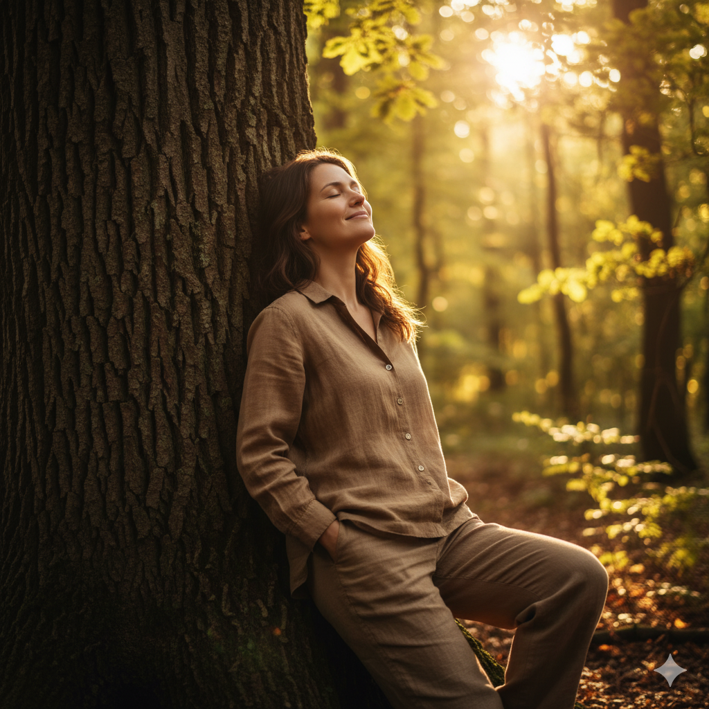 고요한 숲속, 햇살이 비치는 나무 아래 눈을 감고 깊게 숨을 들이쉬는 평화로운 여성 모델.