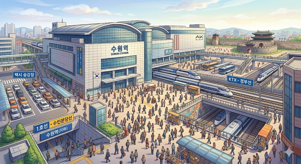 수원역 광장과 KTX, 전철이 오가는 모습