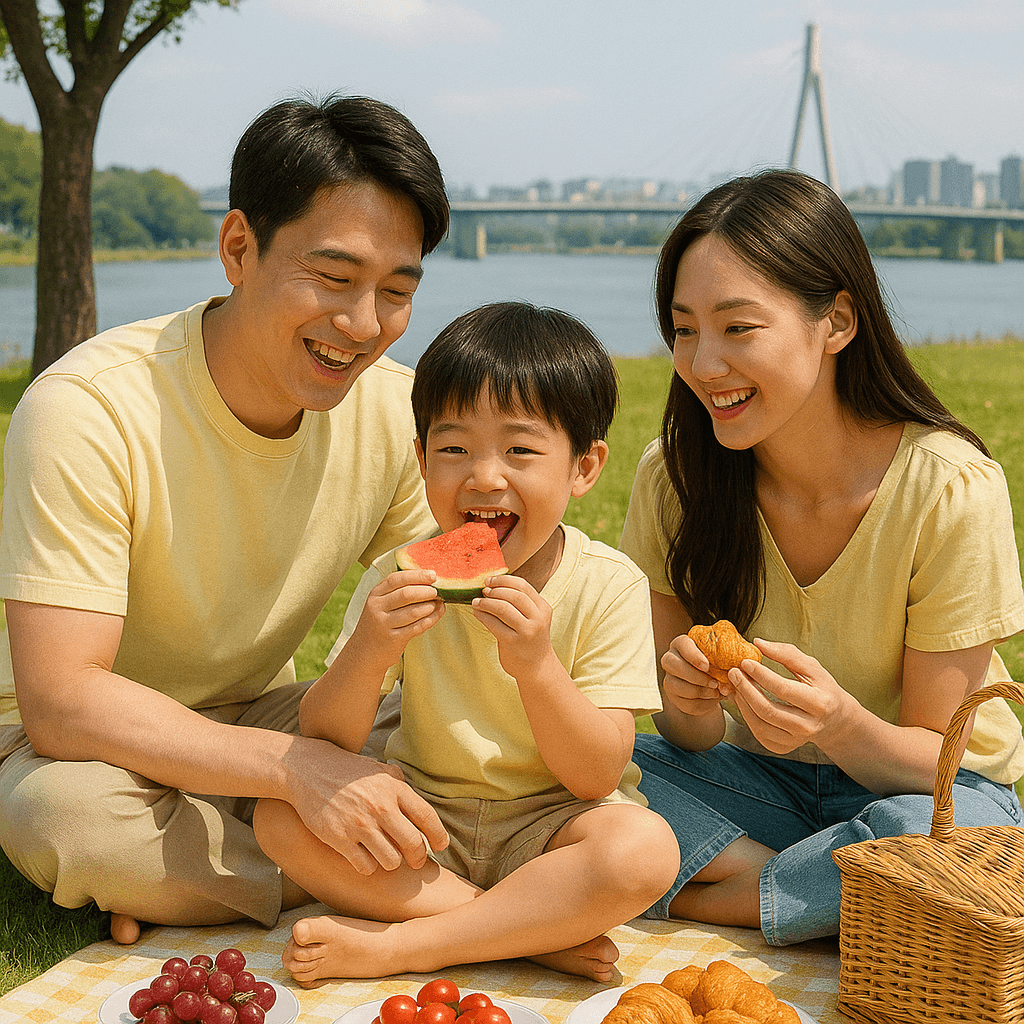 아이와 함께 한강 공원에서 피크닉을 즐기고 있다.