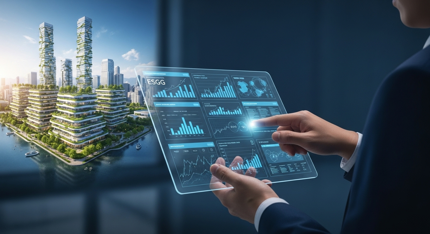 투명 태블릿으로 ESG 데이터와 재무 차트를 분석하며 지속가능한 성장을 모색하는 비즈니스맨
