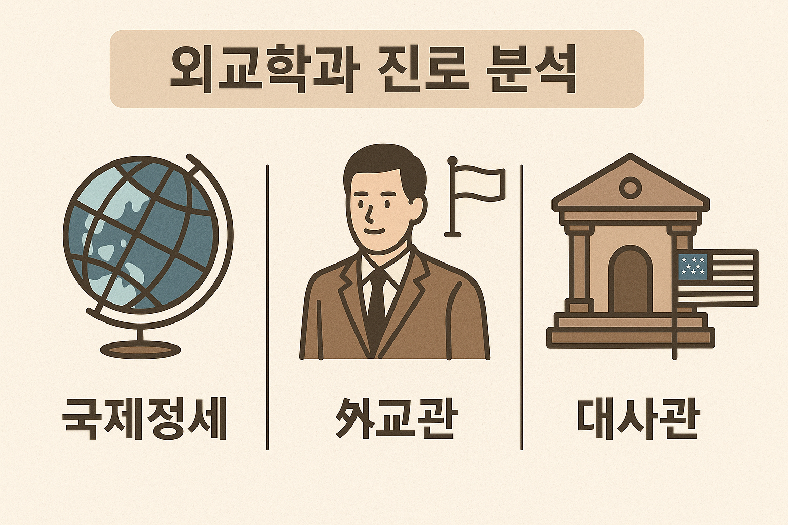 외교학과 진로 분석 인포그래픽. 왼쪽부터 국제정세를 상징하는 지구본, 외교관을 나타내는 정장 차림의 인물과 깃발, 대사관을 상징하는 건물과 미국 국기 아이콘이 순서대로 배치되어 있음