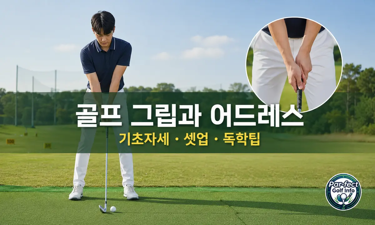 초보 골퍼의 기본 어드레스 자세와 골프채를 잡은 양손 그립을 함께 보여주는 이미지