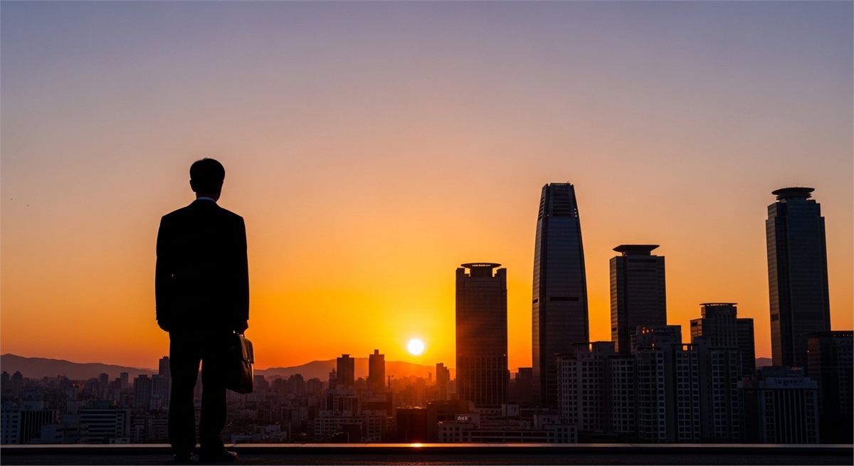 서울 도심과 직장인 실루엣으로 정년 개혁의 미래를 상징한 장면 