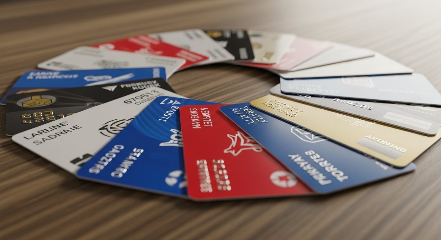 원형으로 배열된 다양한 색상의 항공사 멤버십 카드