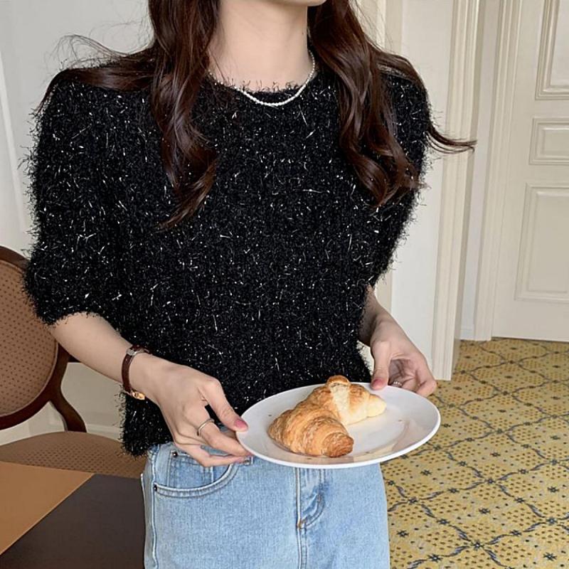 부클니트 펄니트 반짝이 글리터 수술 세미크롭 겨울 반팔 니트