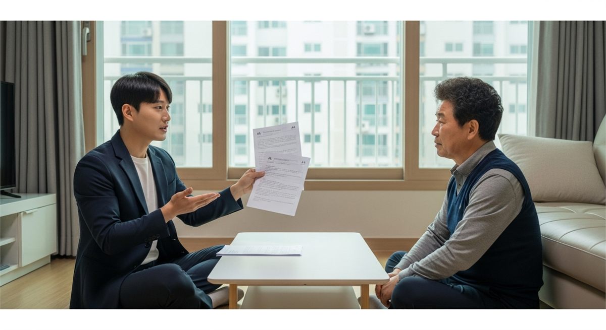 가족이 집에서 연금 수령 나이를 함께 상의하는 장면 