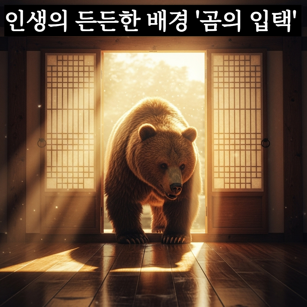 따스한 오후 햇살이 비치는 전통 한옥 거실 문턱을 넘어 늠름한 갈색 곰 한 마리가 당당하게 들어오고 있는 장엄하고 신비로운 분위기의 일러스트