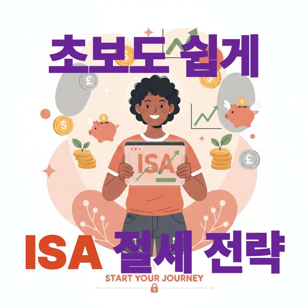 밝은 테라코타와 회색 톤으로 ISA 계좌를 들고 미소 짓는 사람과 주변의 금융 심볼.