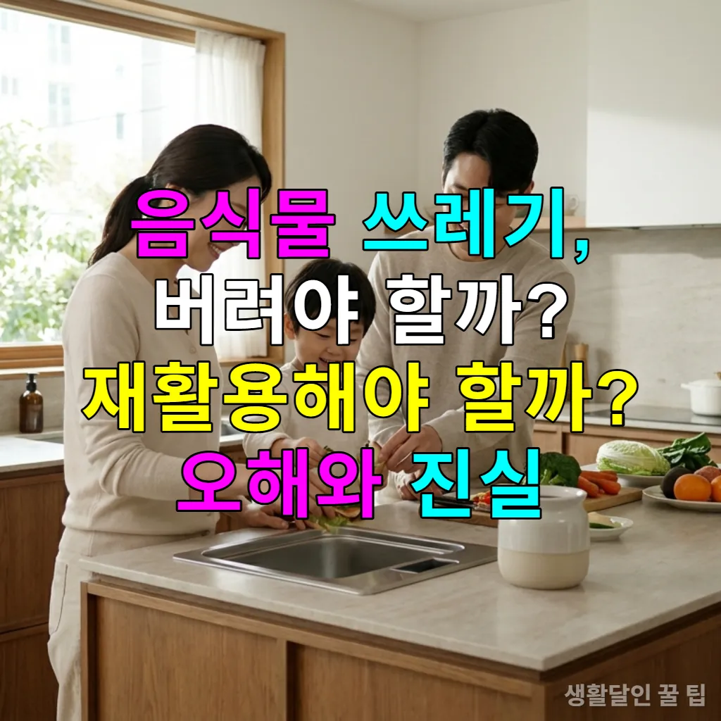 한국의 한 가족이 깨끗한 주방에서 음식물 쓰레기를 분리 배출하는 모습