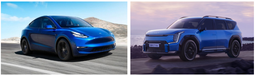 왼쪽에-테슬라-모델Y-오른쪽에-기아-EV9-사진