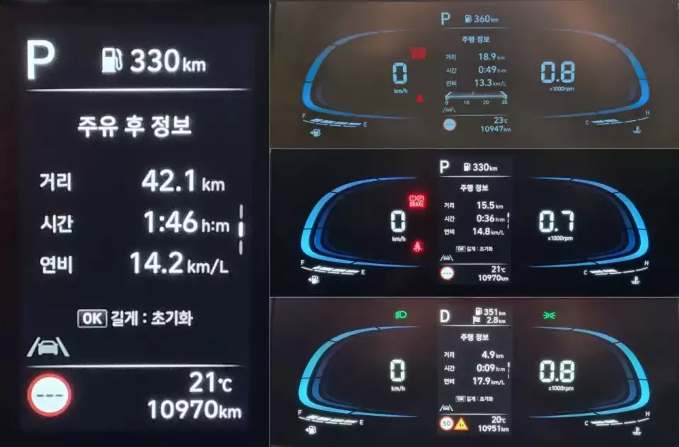 캐스퍼의 전체 구간 평균 연비와 주행 구간 별 평균 연비를 모았습니다.