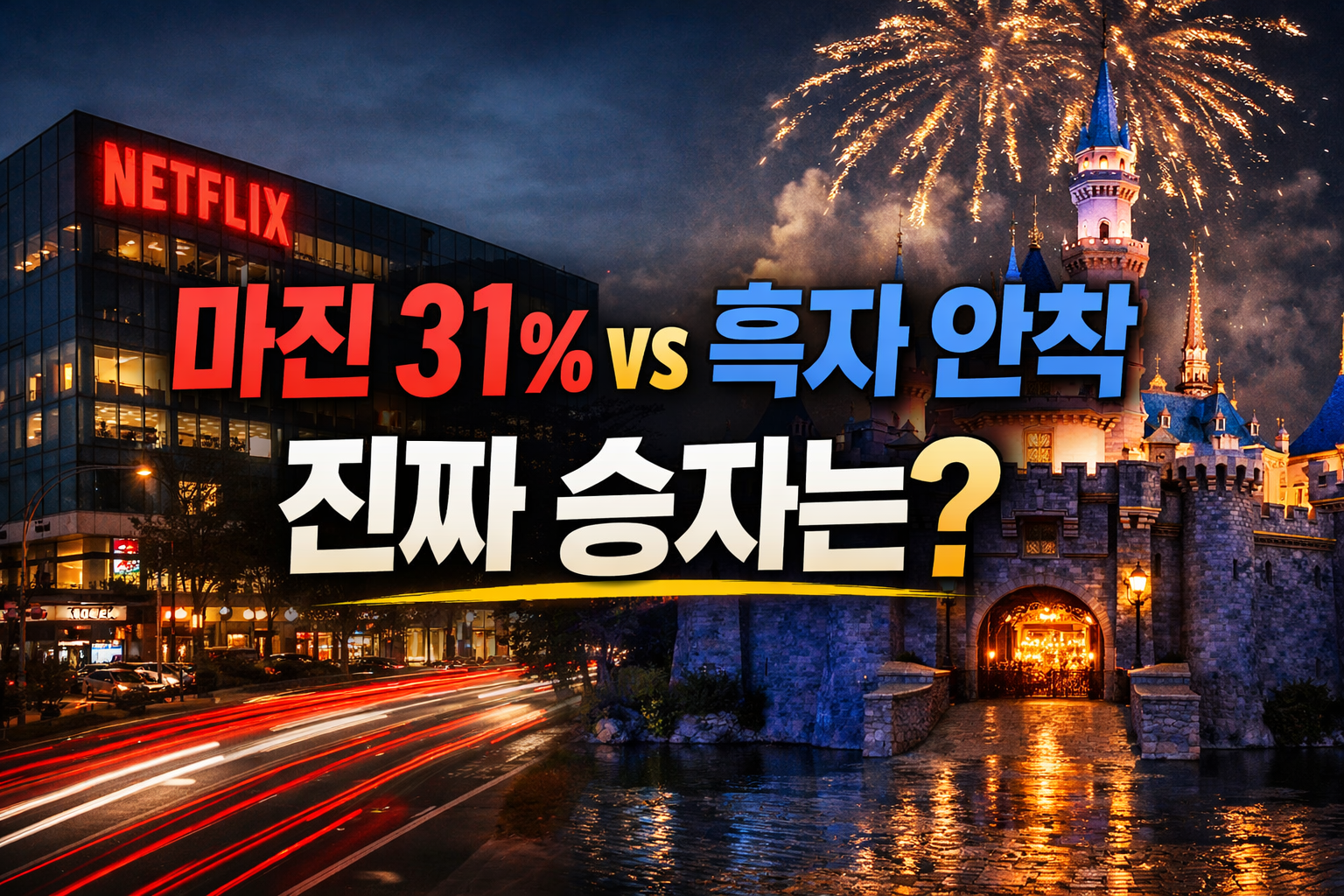 스트리밍 기업의 마진과 흑자 전환을 대비해 2026년 수익성 경쟁을 시각적으로 표현한 비교 이미지