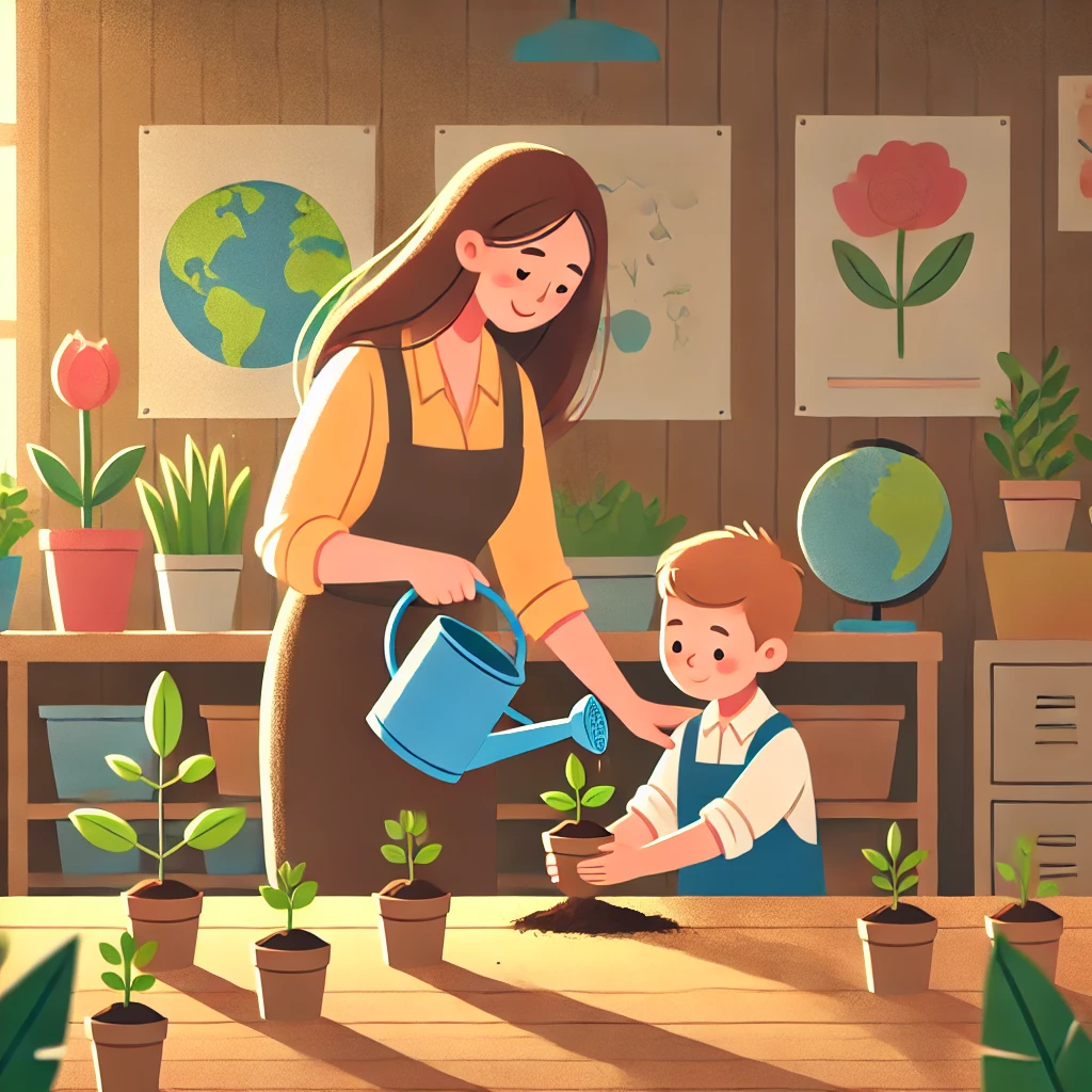 선생님과 아이가 식물에 물 주는 모습