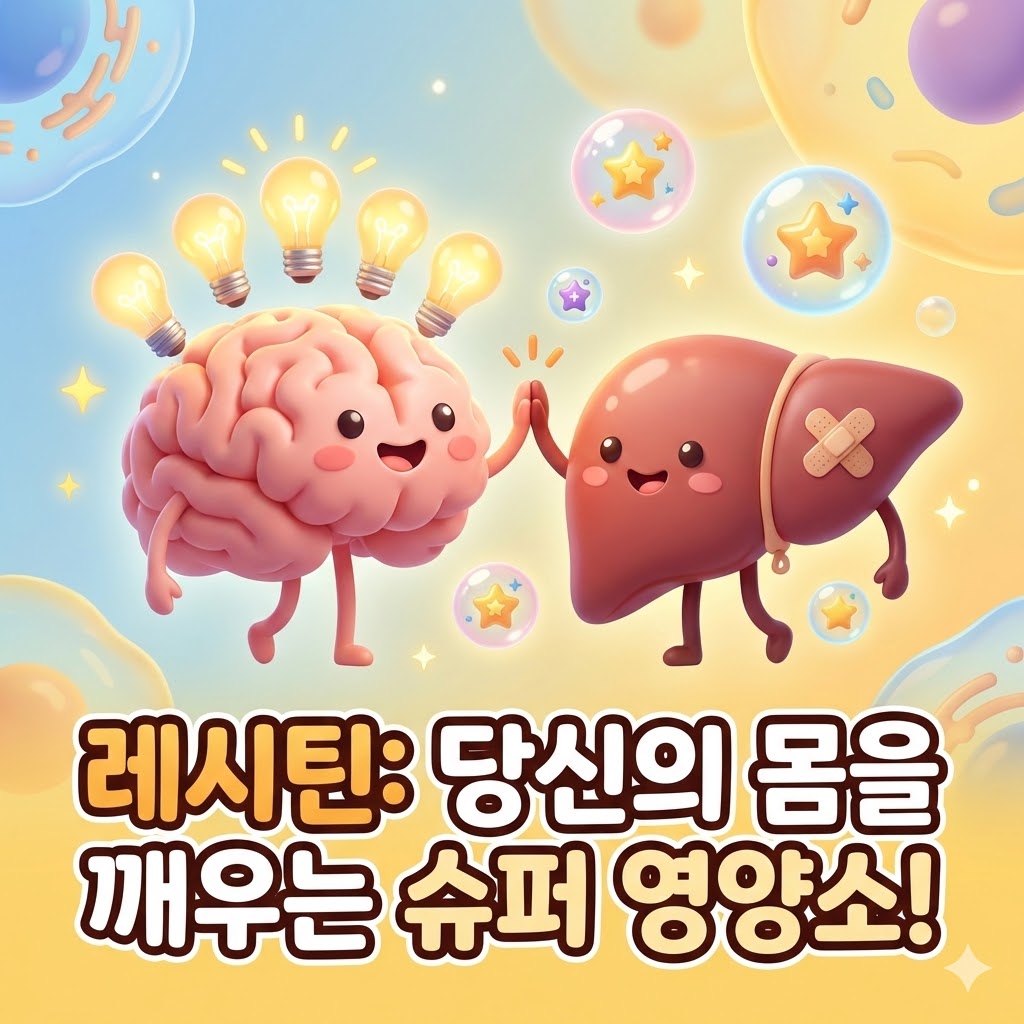 레시틴이 뇌와 간 건강에 긍정적인 영향을 주는 모습을 귀엽게 묘사한 3D 카툰 일러스트. 뇌와 간 캐릭터가 활기차게 상호작용하며 '레시틴: 당신의 몸을 깨우는 슈퍼 영양소!'라는 문구가 눈에 띈다.