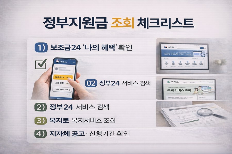 정부지원금 조회를 위해 보조금24 확인, 정부24 서비스 검색, 복지로 복지서비스 조회, 지자체 공고와 신청 기간을 확인하는 4단계 체크리스트를 정리한 안내 이미지입니다.