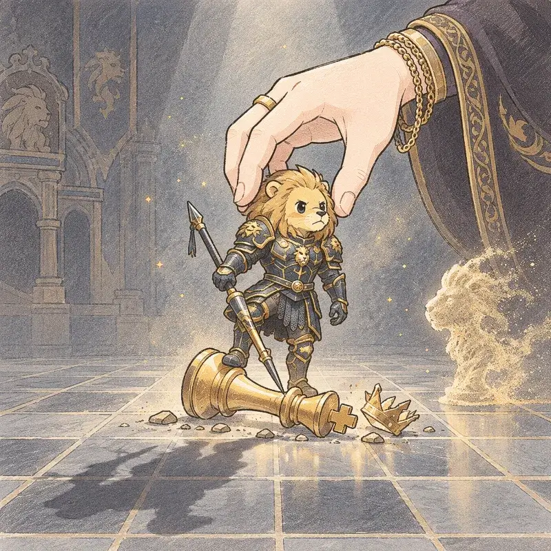 A lion warrior being discarded like a chess piece after achieving victory