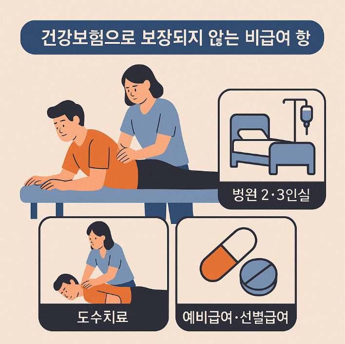 건강보험으로 보장되지 않는 비급여 항목 예시(동수치료&amp;#44; 병원 2&middot;3인실 등)를 보여주는 인포그래픽