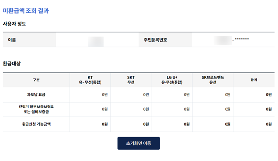 통신비 미환급액조회