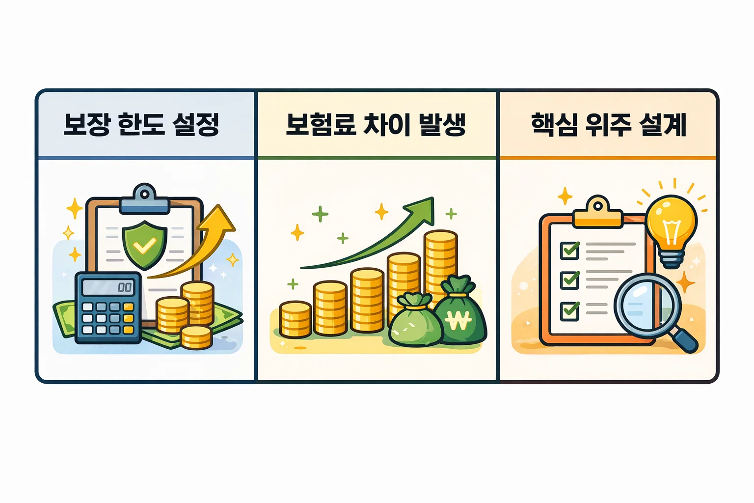 운전자보험 보장 한도 설정 방식에 따라 보험료 차이가 발생하는 구조를 계산 사례 중심으로 이해할 수 있도록 정리한 이미지입니다