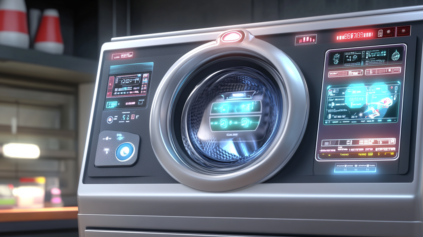 첨단 설정과 미래적 터치 인터페이스를 갖춘 세탁기 AI 컨트롤 패널의 예술적 이미지