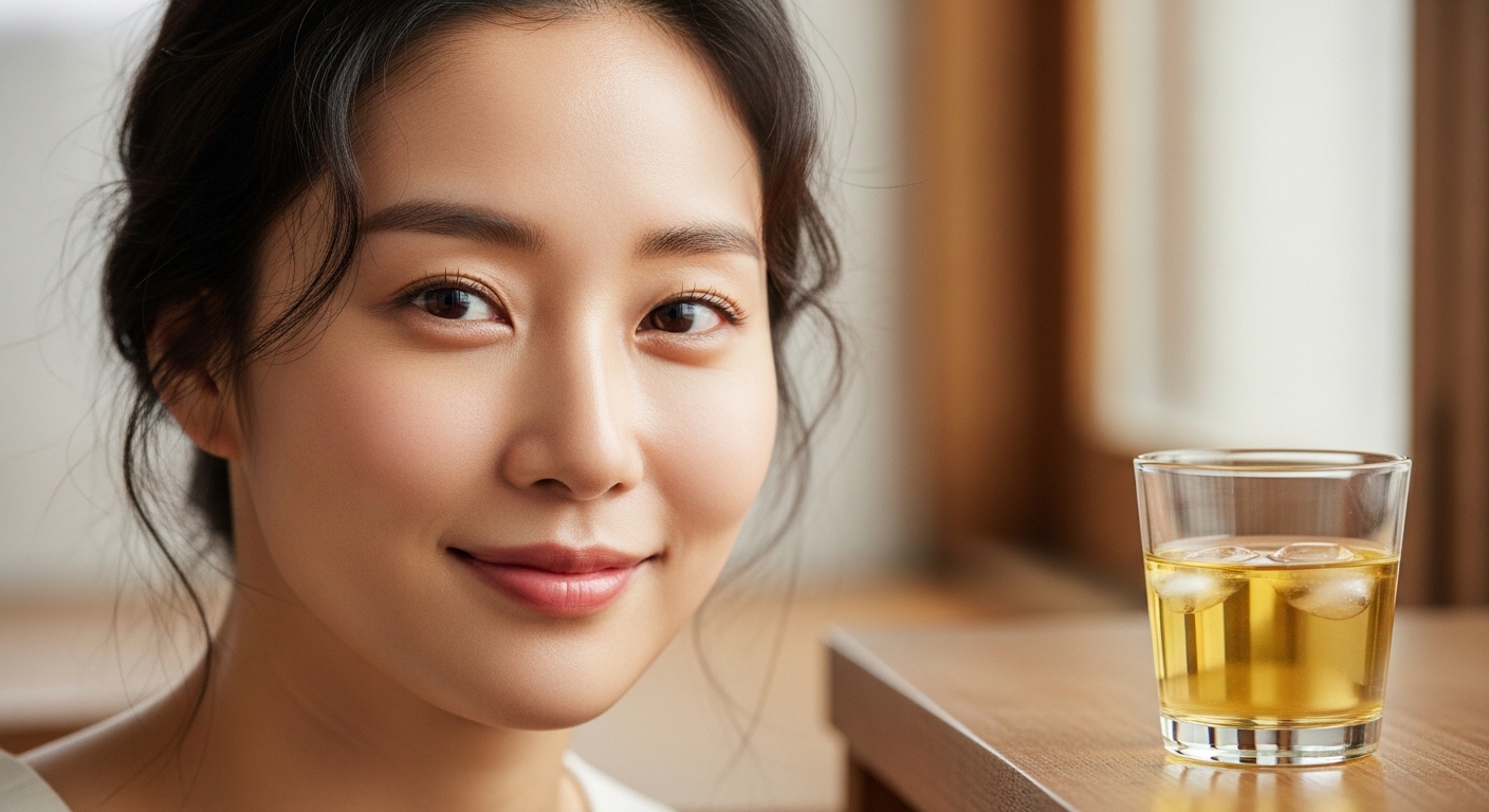피부가-맑은-한국인-여성의-자연스러운-클로즈업-초상- 옆-테이블에-놓인-투명한-고로쇠-수액-잔