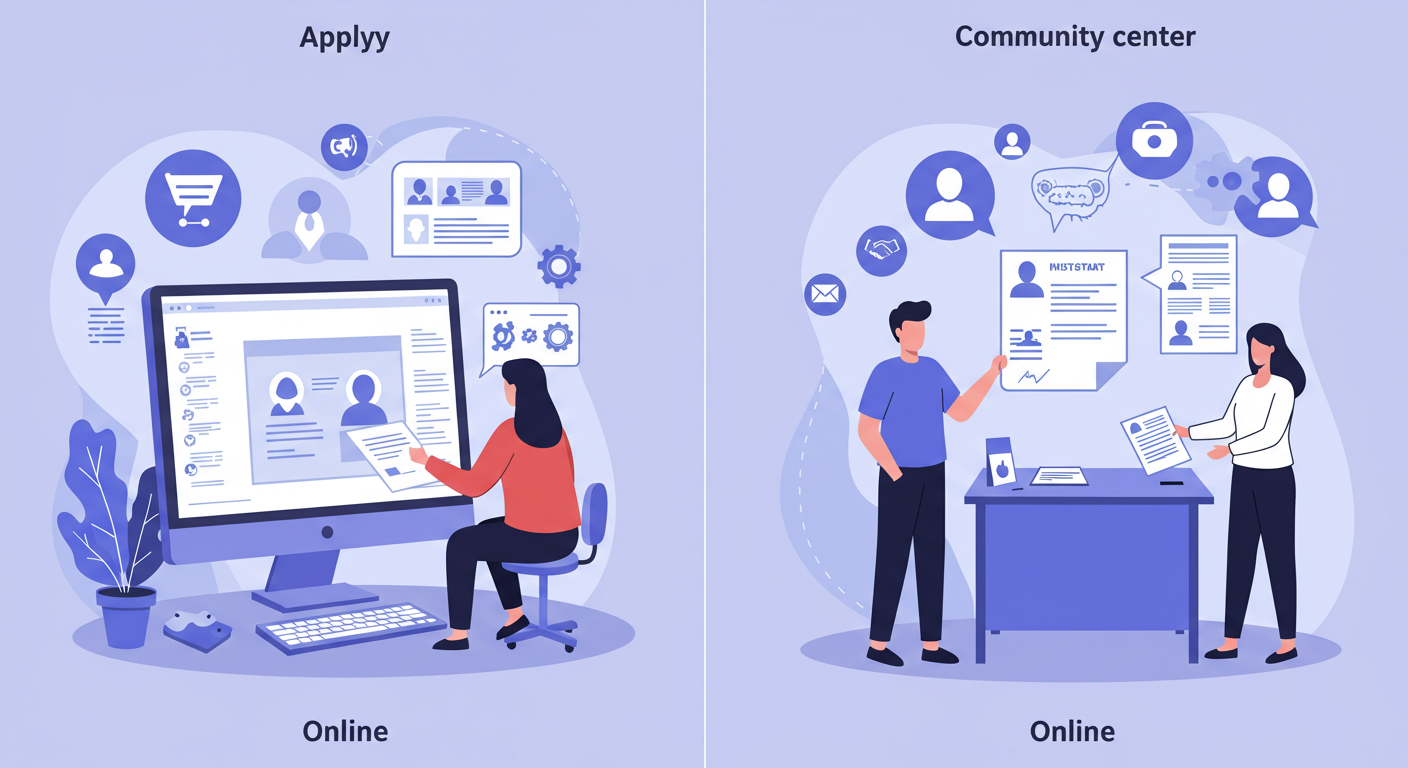 온라인과 오프라인 이의신청 절차를 동시에 보여주는 분할 일러스트