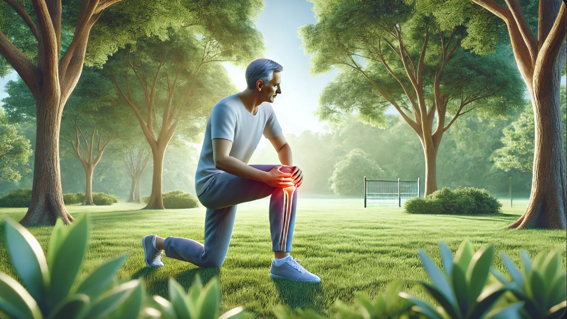 중년의 한 인물이 고요한 공원에서 부드러운 스트레칭을 하며 관절 건강에 집중하고 있는 모습