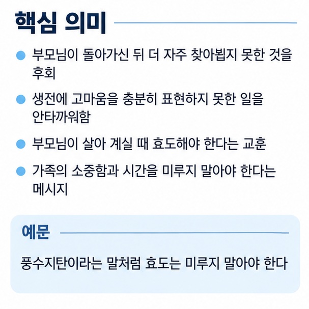 부모님이 돌아가신 뒤 효도하지 못한 것을 후회하고 살아 계실 때 효도해야 함을 보여주는 풍수지탄 사용 상황 인포그래픽