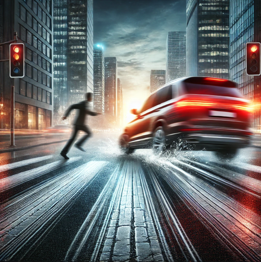 자동차가 사고 직전 긴급 제동 하는 모습