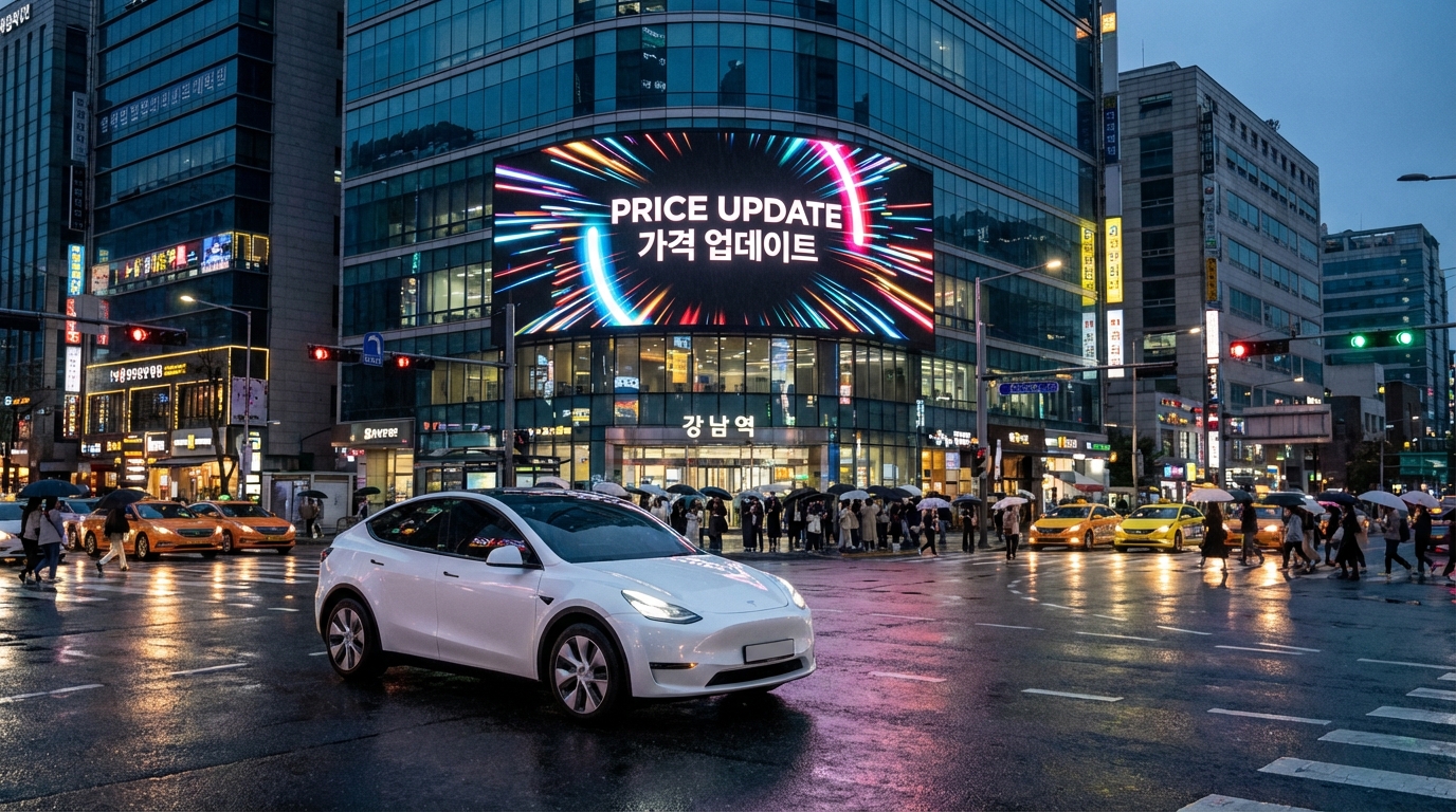서울 도심 한복판에 있는 테슬라 모델 Y와 가격 인상을 상징하는 세련된 배경