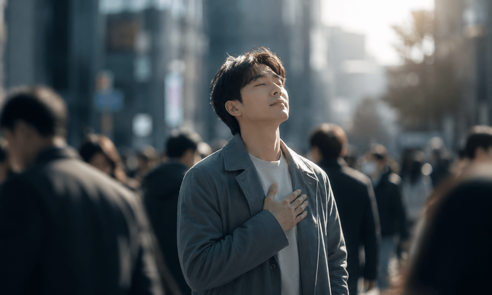 도심 속 군중과 떨어져 눈을 감고 가슴에 손을 얹은 채 깊게 호흡하는 사람의 모습으로 타인의 시선에서 벗어나 자신에게 집중하는 마음챙김을 표현