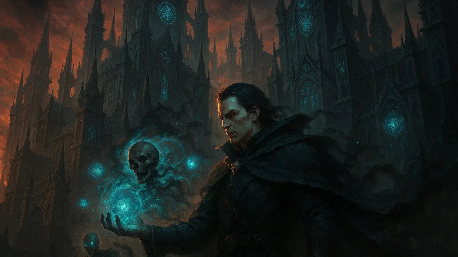 키젠 네크로맨서 학교의 웅장한 외관과 시몬 폴렌티아가 언데드를 소환하는 모습을 담은 판타지 일러스트