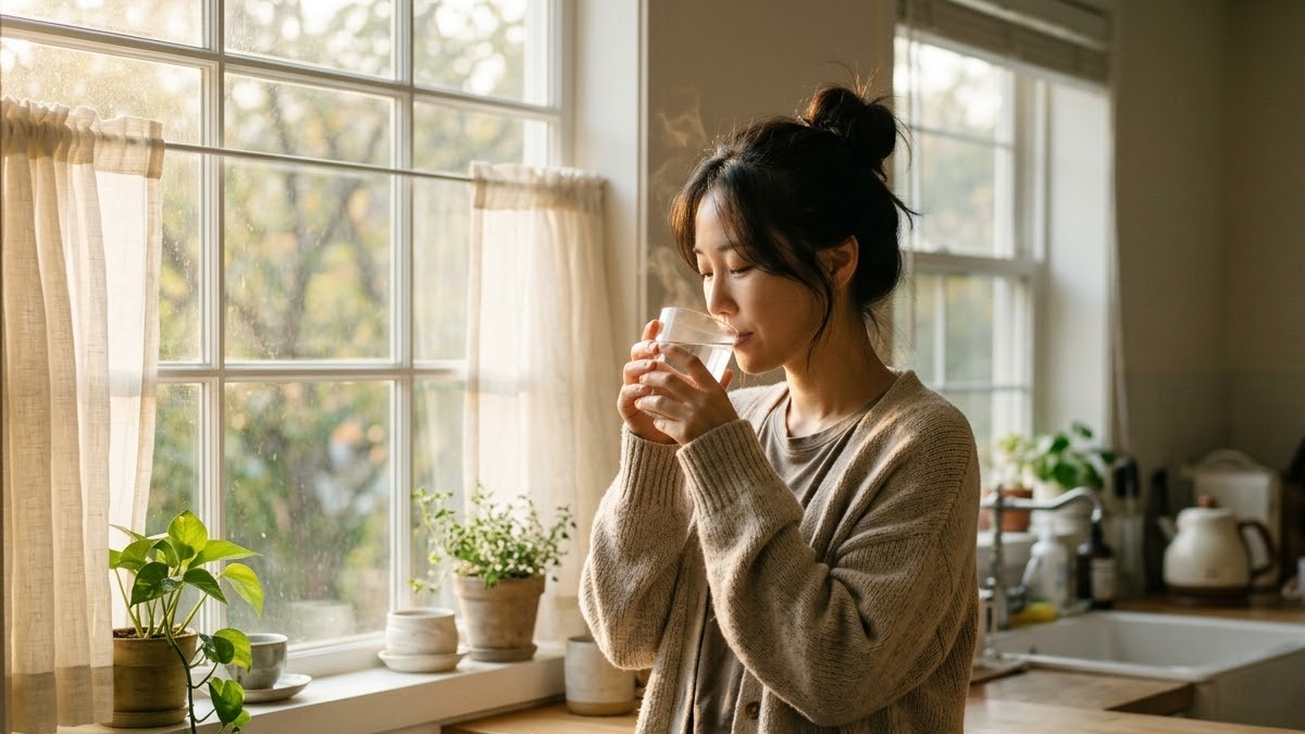 아침에 따뜻한 물 한 잔을 마시는 여성