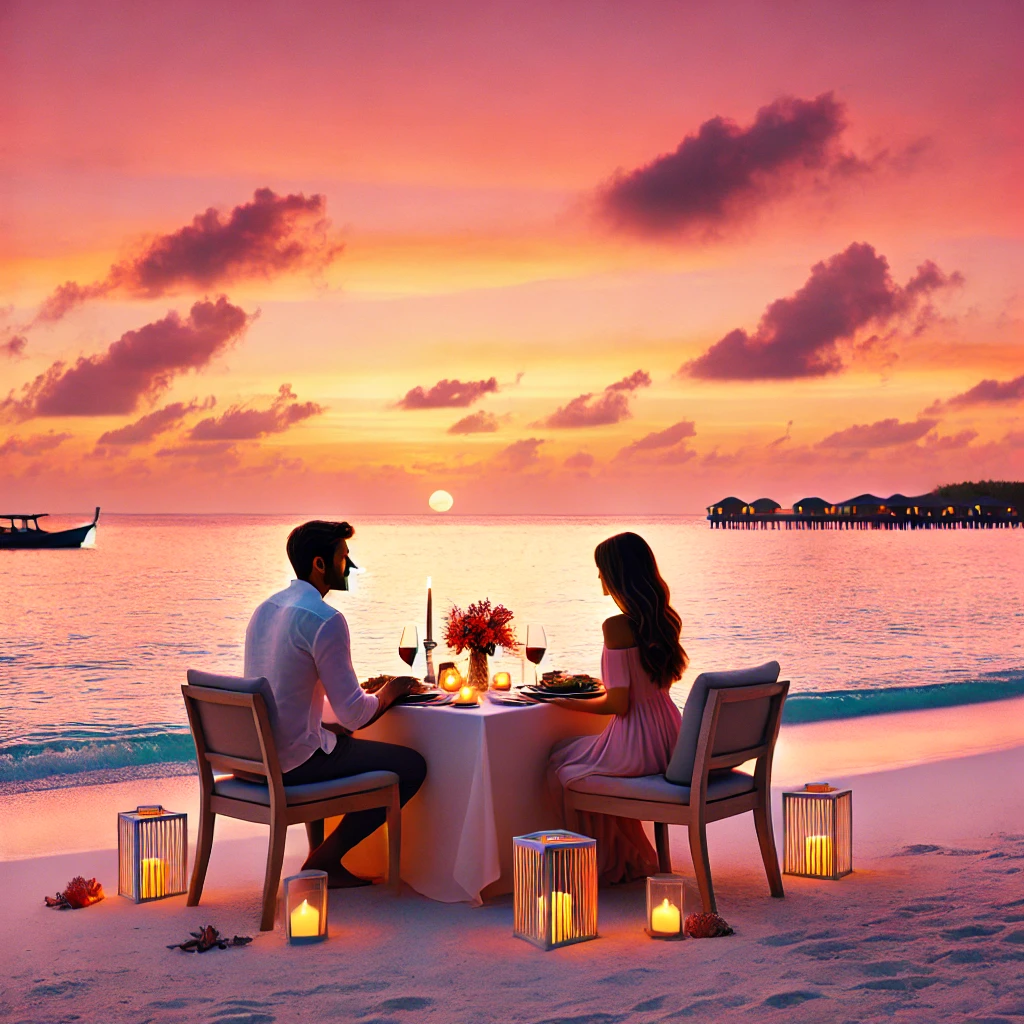 해변에서 식사중인 커플